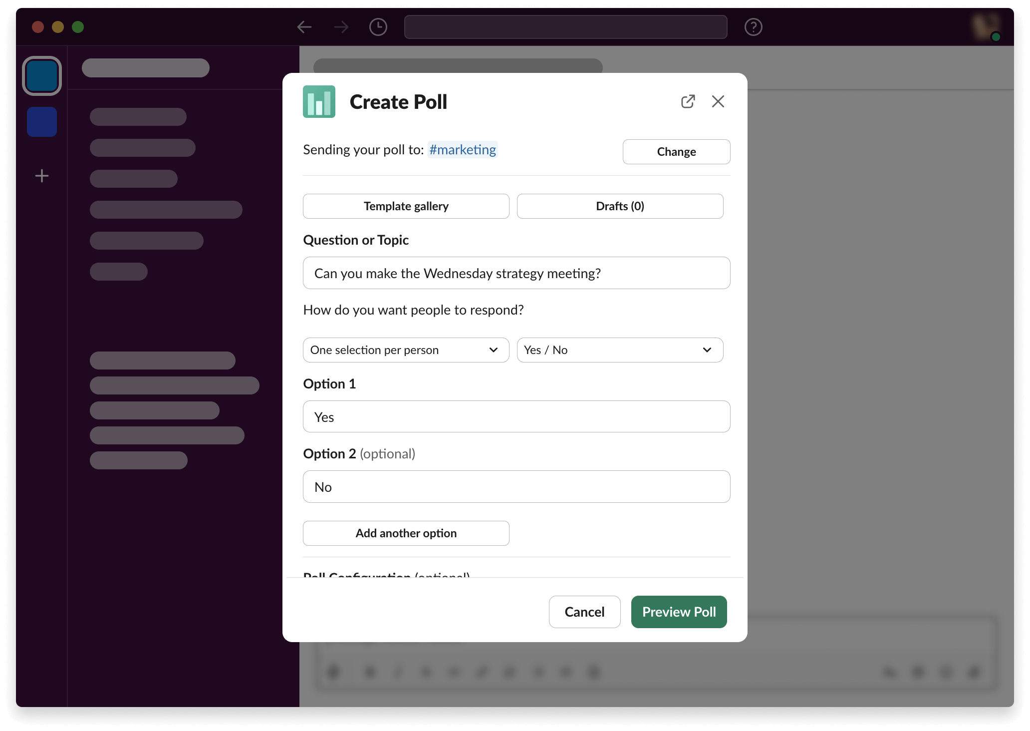 QuickPoll interface in Slack